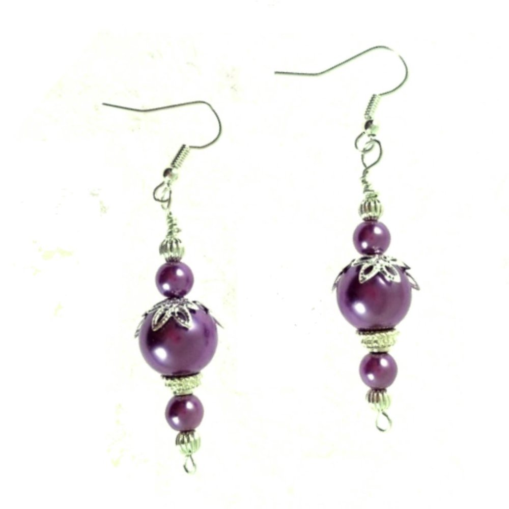 2 Inch Purple Pearl Pierced Earrings NEW
